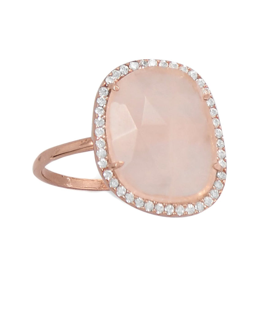 Rose Quartz Ring 14k Pink Gold-plated Silver with Cubic Zirconia Halo