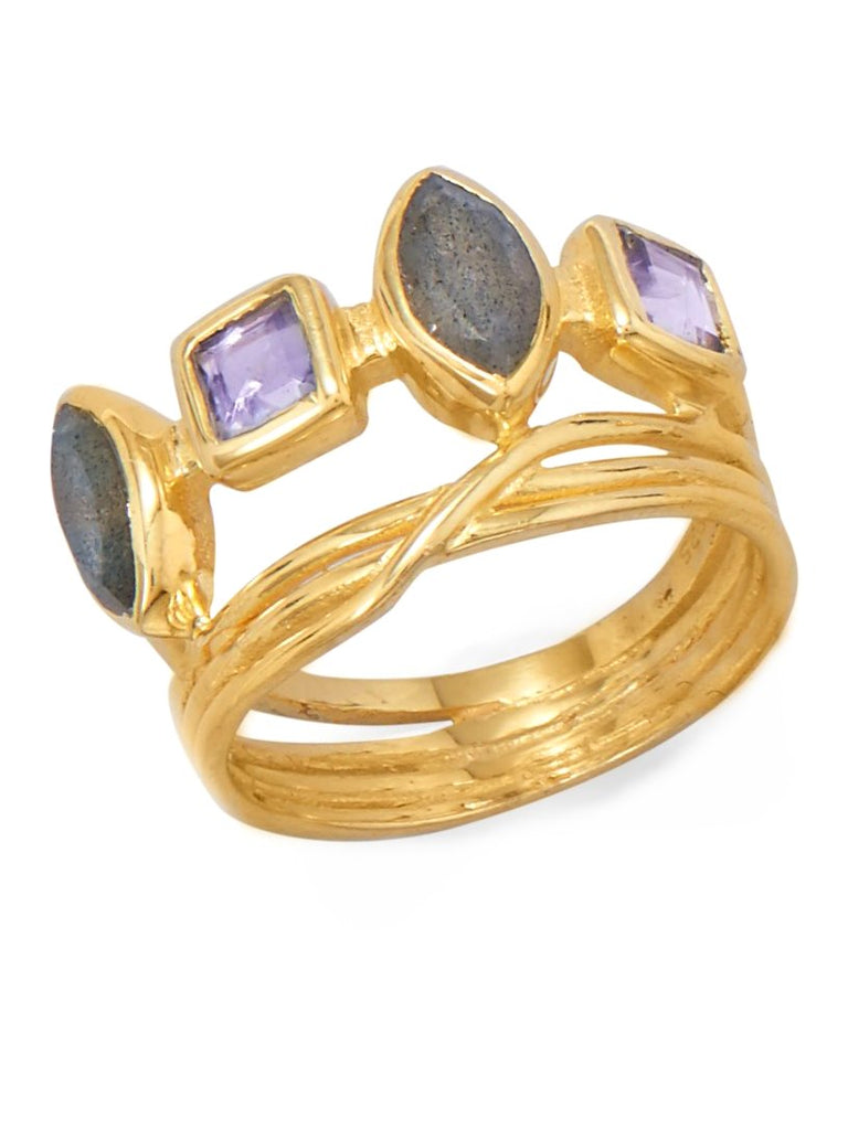 Labradorite Ring Marquise Square Purple Glass 14k Gold-plated Sterling Silver