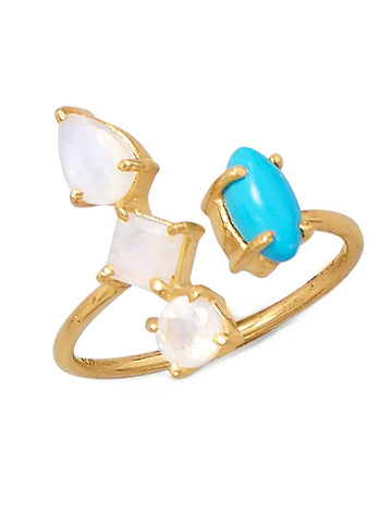 Rainbow Moonstone and Synthetic Turquoise Ring Stacked Design Split Band