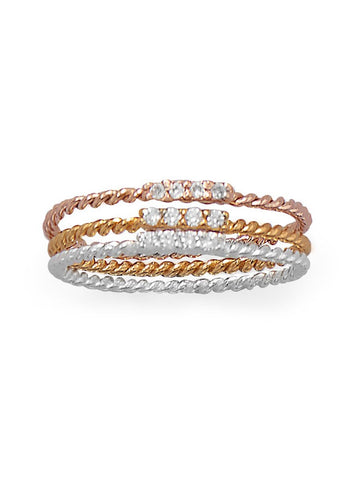 Set of 3 Stacking Rings with Cubic Zirconia Three Tone Rope Twist Band