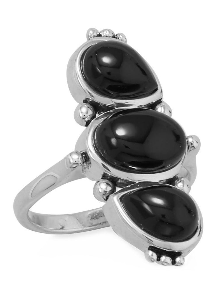 Sterling Silver Black Onyx Ring with Three Stones Pear and Oval