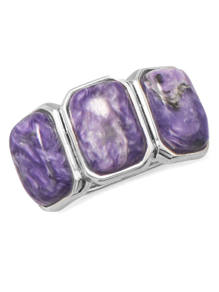 Three Stone Purple Charoite Wide Band Ring Sterling Silver