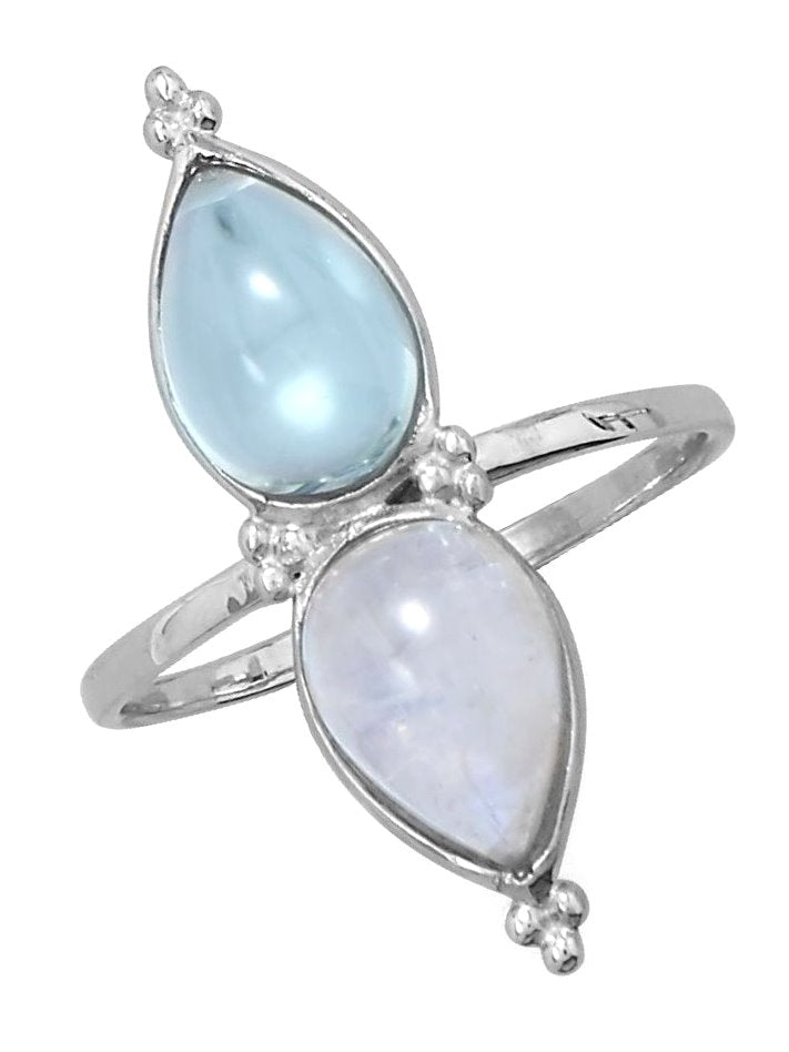 Rainbow Moonstone and Blue Topaz Teardrop North South Sterling Silver Ring