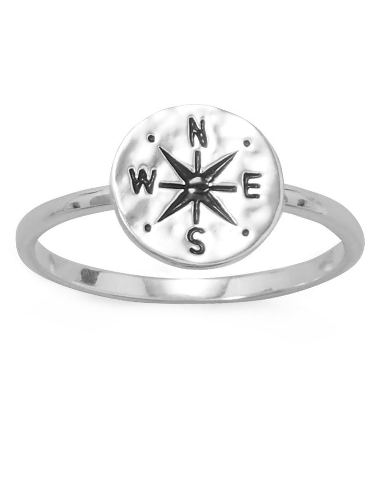 Nautical Compass Ring Hammered Finish Disk Sterling Silver