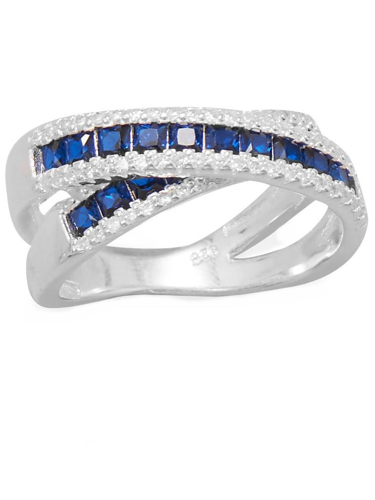 Overlap X Band Ring Blue and White Cubic Zirconia Graduated Sterling Silver