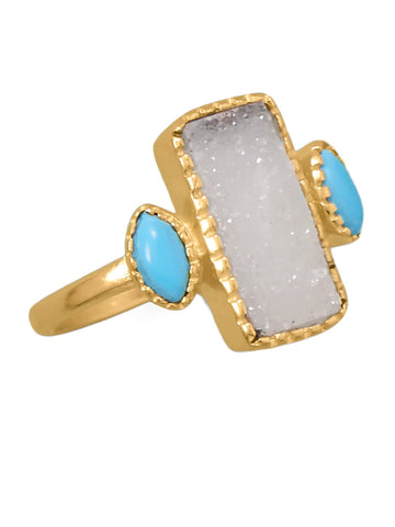 White Druzy and Synthetic Turquoise Ring 14k Yellow Gold-plated Sterling Silver