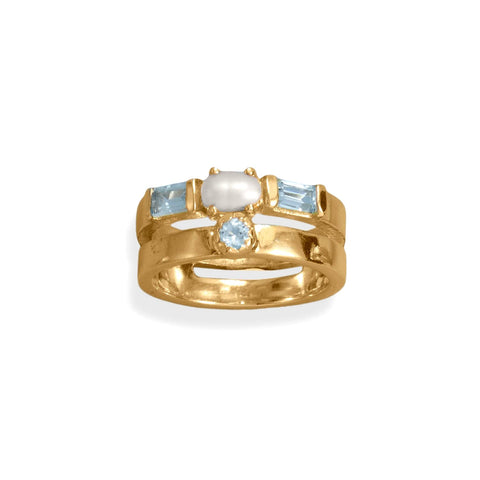Stacked Blue Topaz Ring with Culture Freshwater Pearl 14k Gold-Plated Sterling Silver