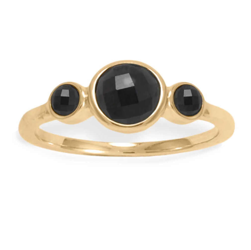 Three-stone Black Onyx Ring 14k Gold-plated Silver