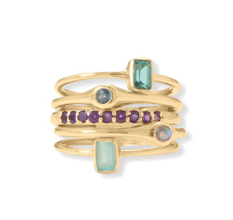 Stacked Set of Five Rings 14k Gold-plated Silver Glass, Amethyst Labradorite