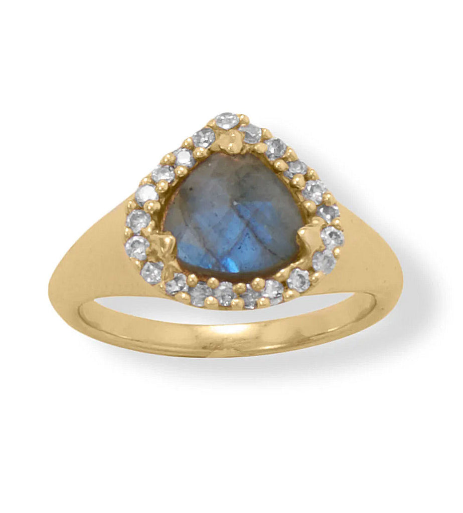 Labradorite Ring with Cubic Zirconia Halo Pear-shape 14k Gold-plated Silver