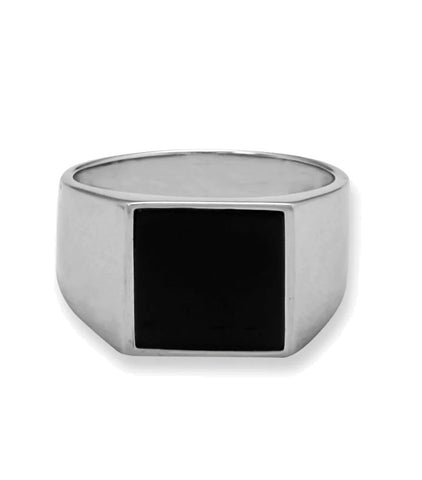 Square Black Onyx Ring Mens Womens Signet Ring Rhodium on Sterling Silver