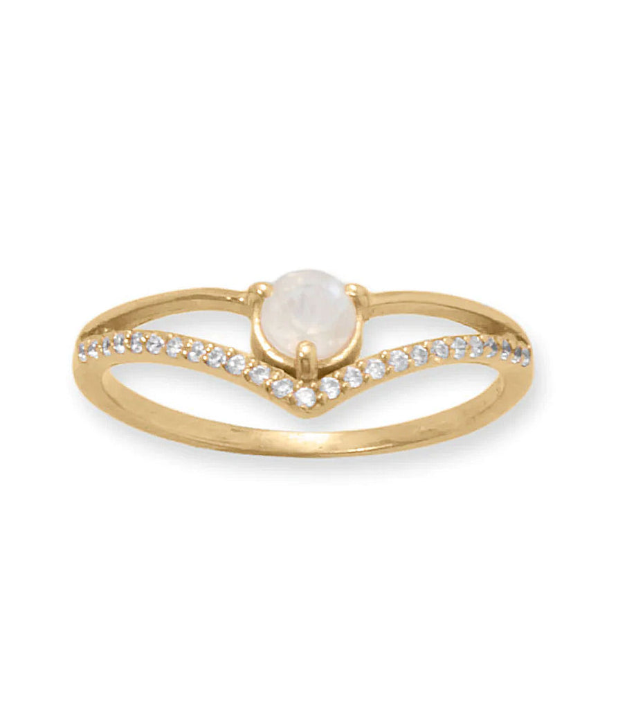 Rainbow Moonstone and Cubic Zirconia V-style Ring 14k Gold-plated Silver