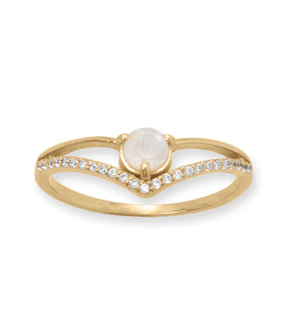 Rainbow Moonstone and Cubic Zirconia V-style Ring 14k Gold-plated Silver