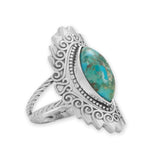 Marquise Reconstituted Turquoise Ring with Dot and Swirl Design Sterling Silver