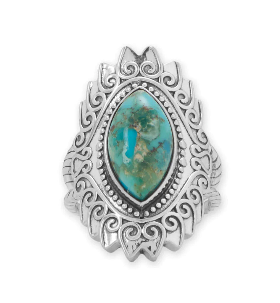 Marquise Reconstituted Turquoise Ring with Dot and Swirl Design Sterling Silver