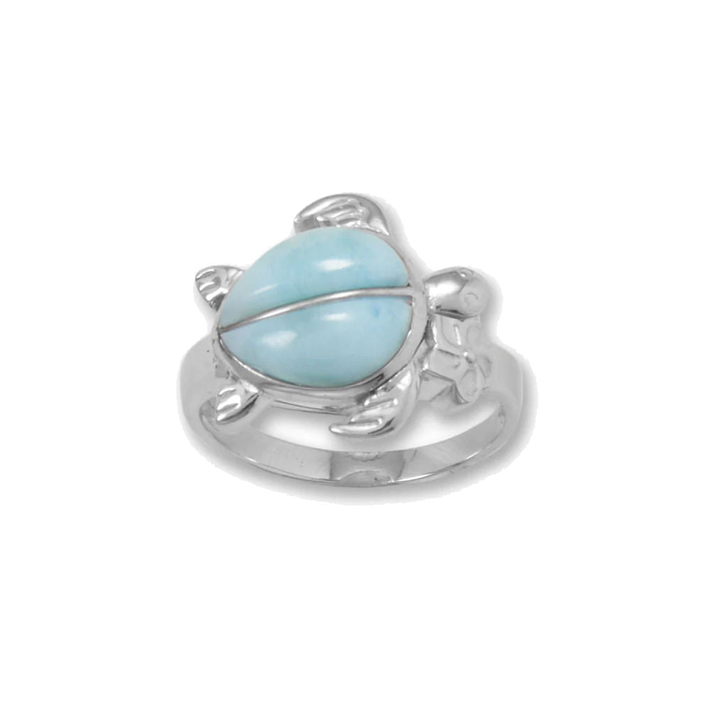 Genuine Larimar Sea Turtle Ring Rhodium on Silver - Nontarnish