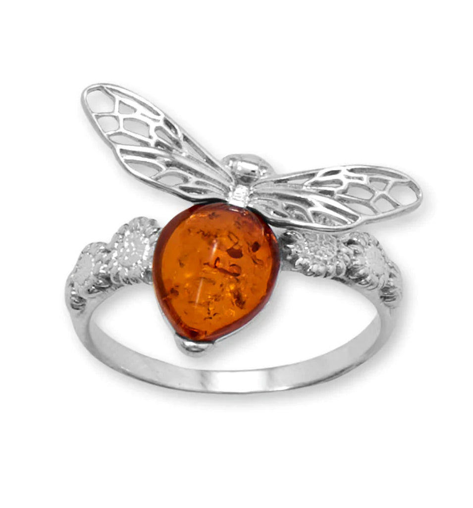 Baltic Amber Ring with Honey Bee and Sunflower Design Sterling Silver