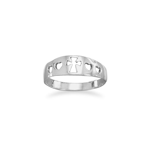Cross and Hearts Band Ring Sizes 4-9 Sterling Silver