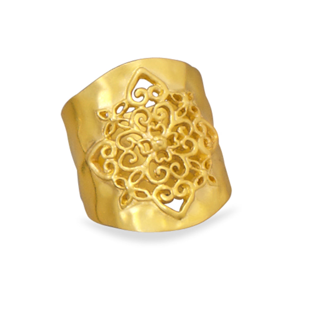 Fashion Cigar Band Ring with Hammered Finish and Filigree Design