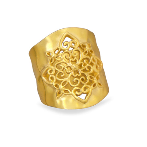 Fashion Cigar Band Ring with Hammered Finish and Filigree Design