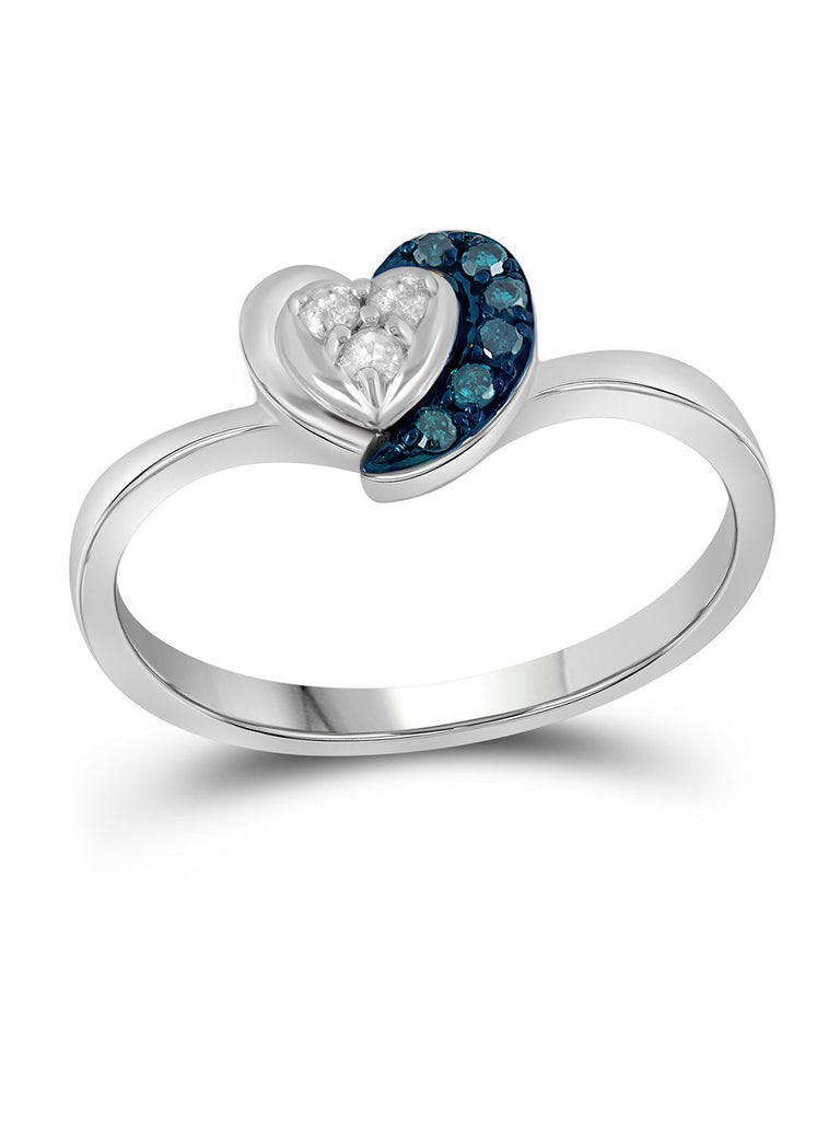 Blue and White Diamond Heart Ring Rhodium on Sterling Silver Genuine Diamonds