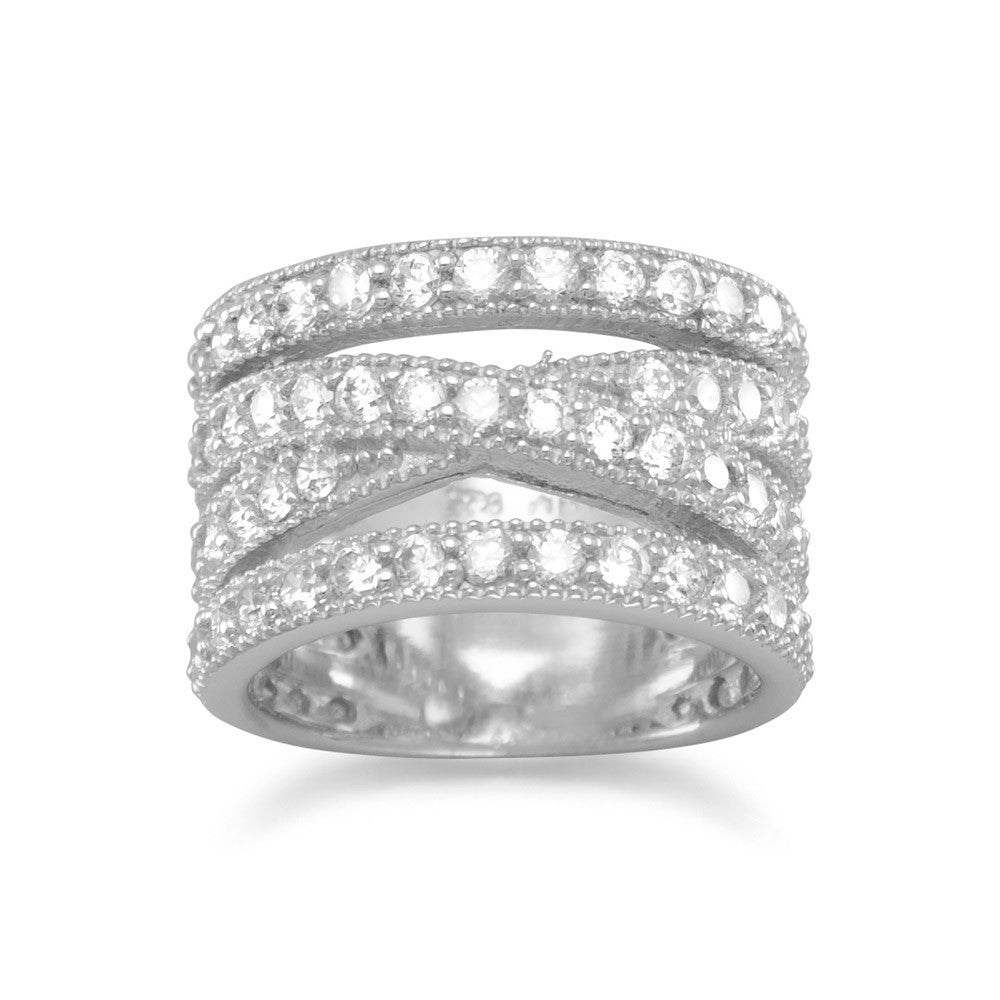 Wide Stacked X Design Band Ring Pave Cubic Zirconia Rhodium on Sterling Silver