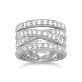 Wide Stacked X Design Band Ring Pave Cubic Zirconia Rhodium on Sterling Silver