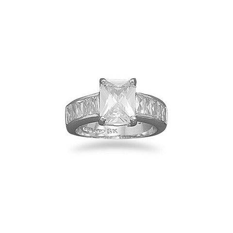 Rectangle Cut Cubic Zirconia Solitaire Ring with Baguette Side Accents Rhodium on Sterling Silver