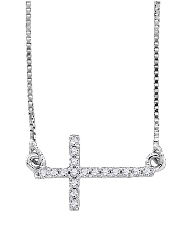 Sterling Silver Womens Round Diamond Horizontal Sideways Cross Faith Necklace 1/10 Cttw