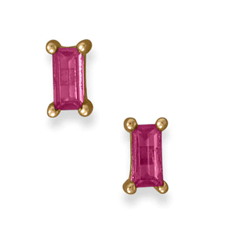 Fuschia Pink Baguette Stud Earrings Cubic Zirconia
