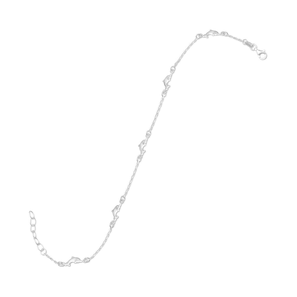 Anklet with Chain and Dolphins Sterling Silver Adjustable Length