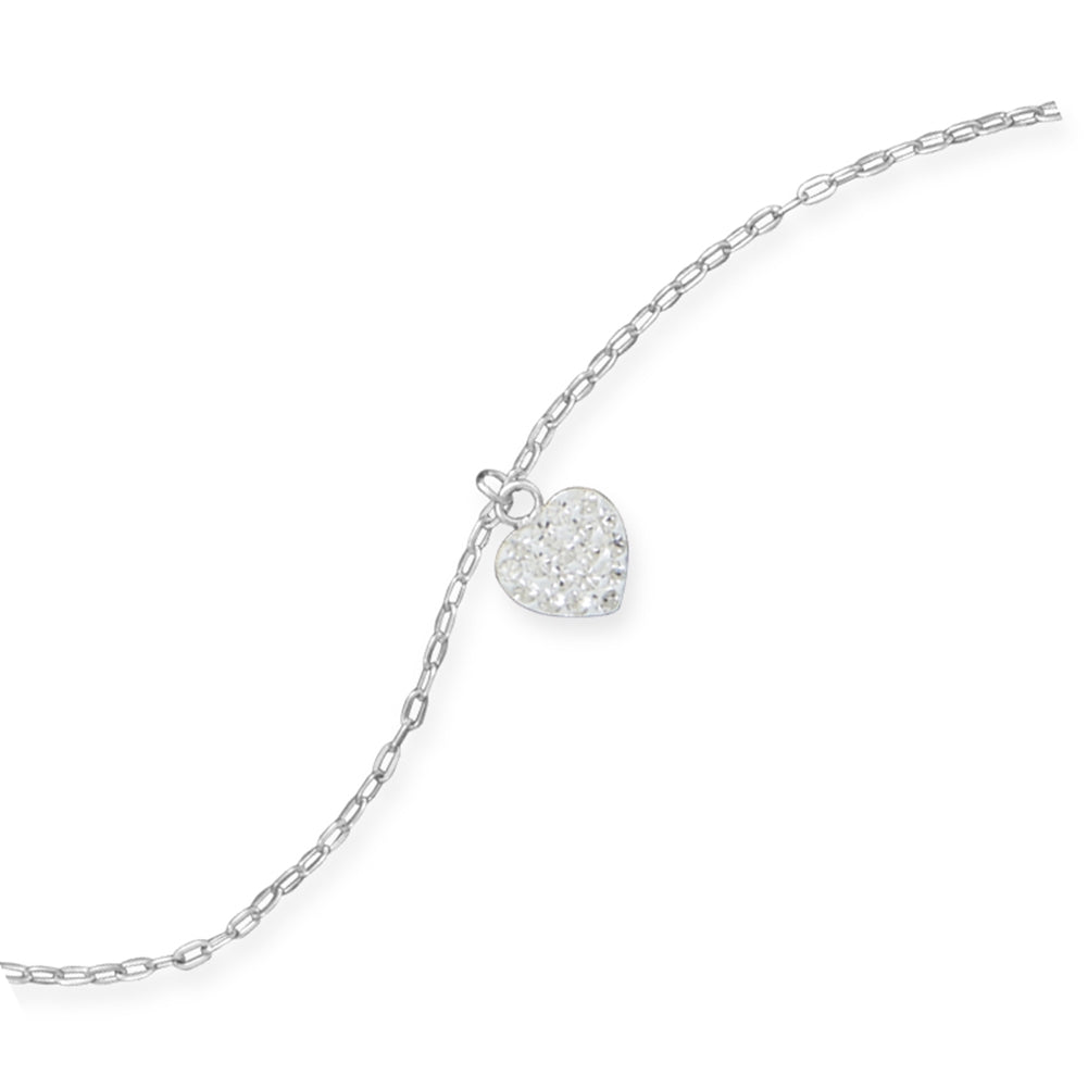 Anklet with Pave Crystal Heart Charm Sterling Silver Adjustable Length