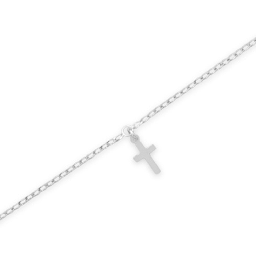 Anklet with Cross Charm Rhodium on Sterling Silver - Nontarnish, Adjustable Length
