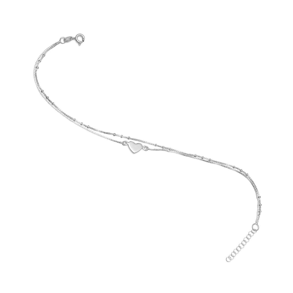 Heart Anklet Double Chain Sterling Silver Adjustable Length 9 to 10 inches