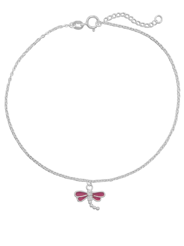 Sterling Silver Dragonfly Anklet Ankle Bracelet with Cubic Zirconia