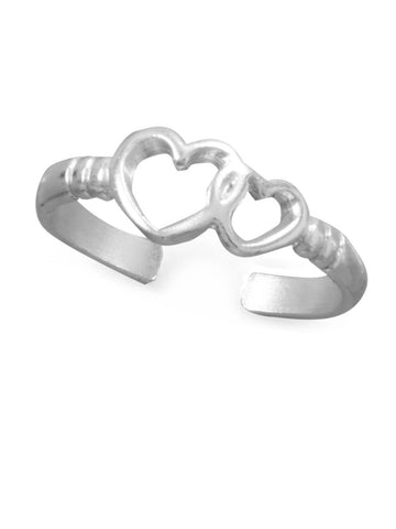 Toe Ring Open Cut-out Double Heart and Ribbed Band Sterling Silver