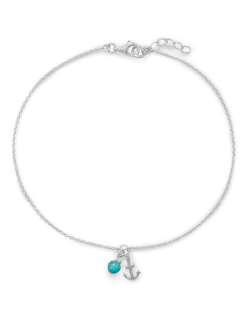 Anchor Anklet and Reconstituted Turquoise Bead Adjustable Sterling Silver