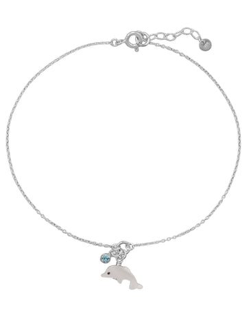 Anklet Ankle Bracelet Dolphin Charm and Blue Crystal Adjustable Sterling Silver