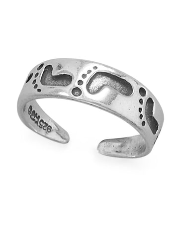 Toe Ring Feet Footprints in the Sand Design Antiqued Sterling Silver