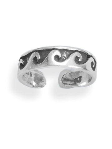 Toe Ring with Waves Antiqued Oxidized Sterling Silver