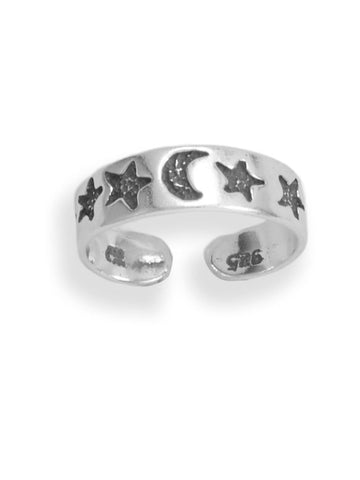 Sterling Silver Toe Ring with Moon and Stars Antique Finish