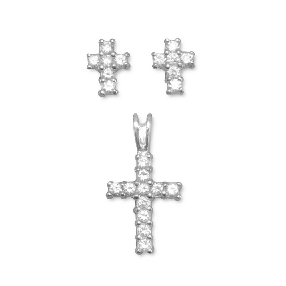 Cross Cubic Zirconia Sterling Silver Earrings and Pendant Set