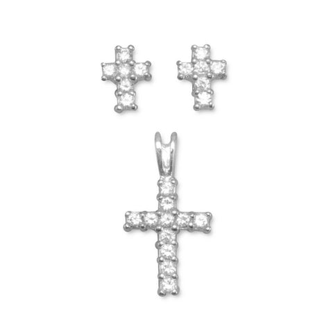 Cross Cubic Zirconia Sterling Silver Earrings and Pendant Set