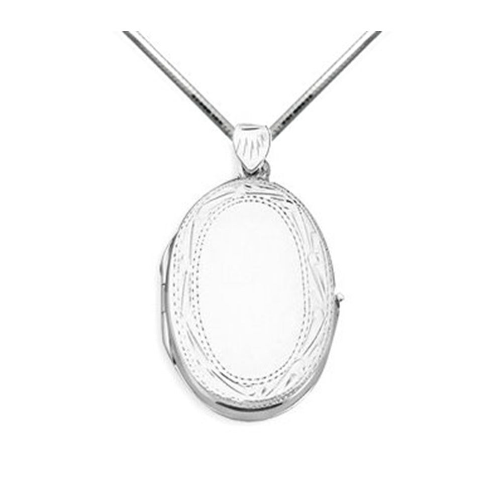 Locket Necklace Oval Flat Etched Floral Sterling Silver with Square Snake Chain
