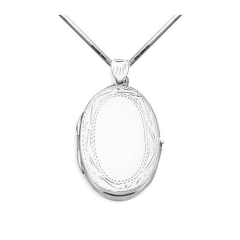 Locket Necklace Oval Flat Etched Floral Sterling Silver with Square Snake Chain