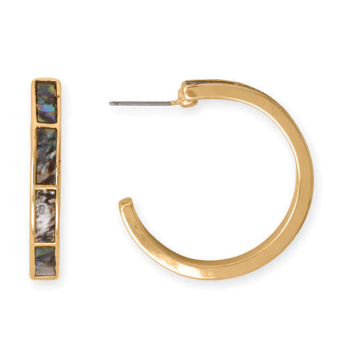 Gold Tone Fashion Hoop Earrings with Genuine Abalone Shell Inlay