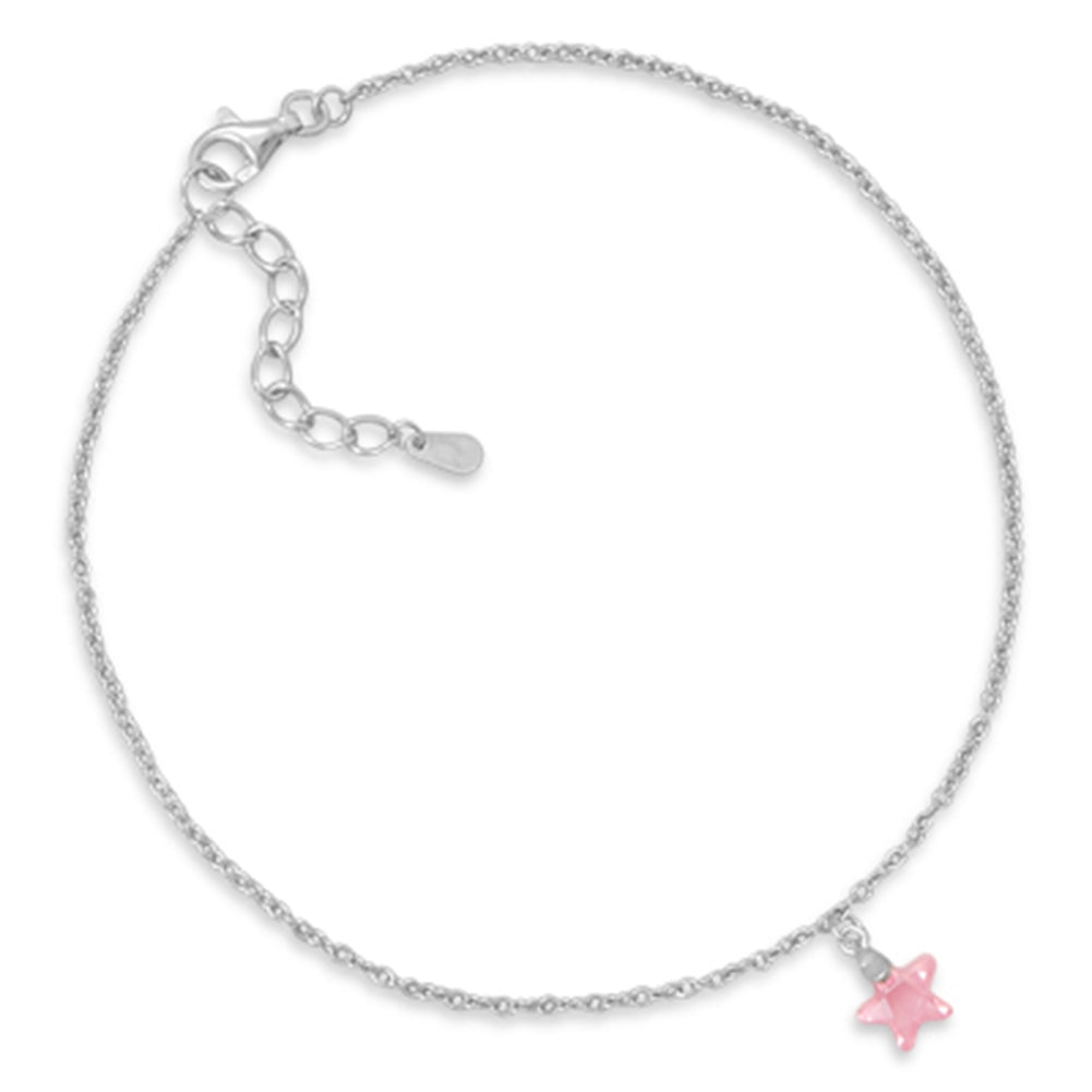 Pink Star Anklet - Rhodium Plated Sterling Silver