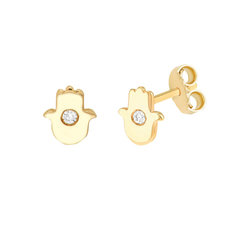14k Yellow Gold Hamsa Hand Stud Earrings with Genuine Diamond