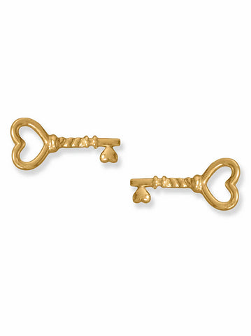 Heart Skeleton Key Earrings 14k Gold on Sterling Silver