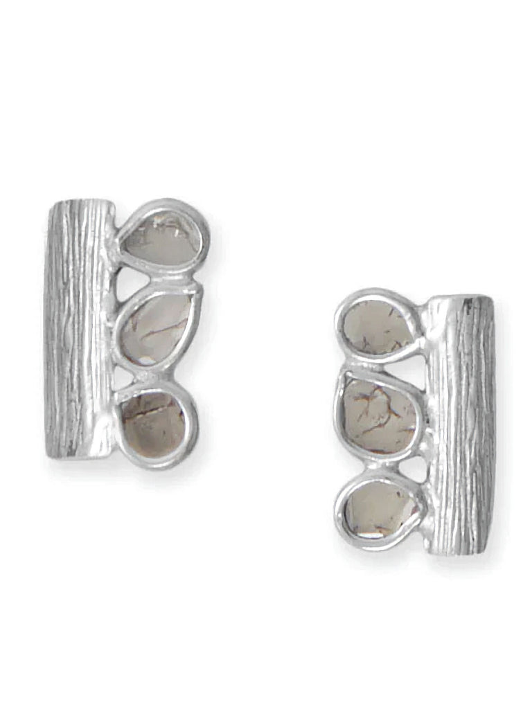 Polki Diamond Stud Earrings with Three Stones Rhodium on Sterling Silver